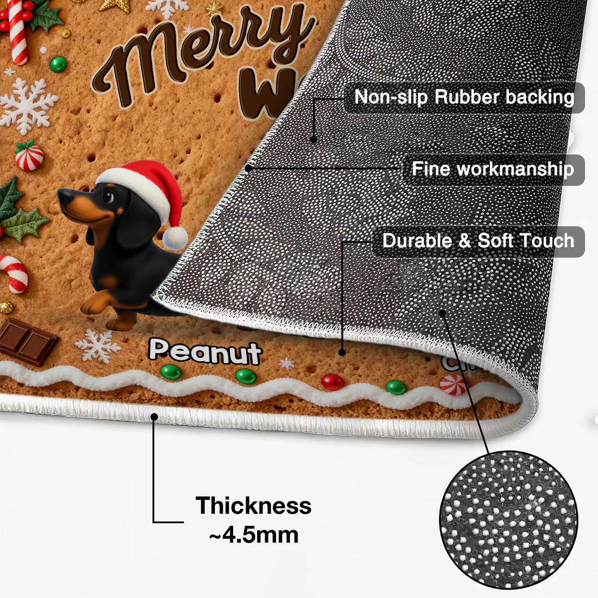 3D Effect Christmas Happy Pawliday Dachshunds Walking Gingerbread Cookie Theme - Personalized Doormat - Image 4