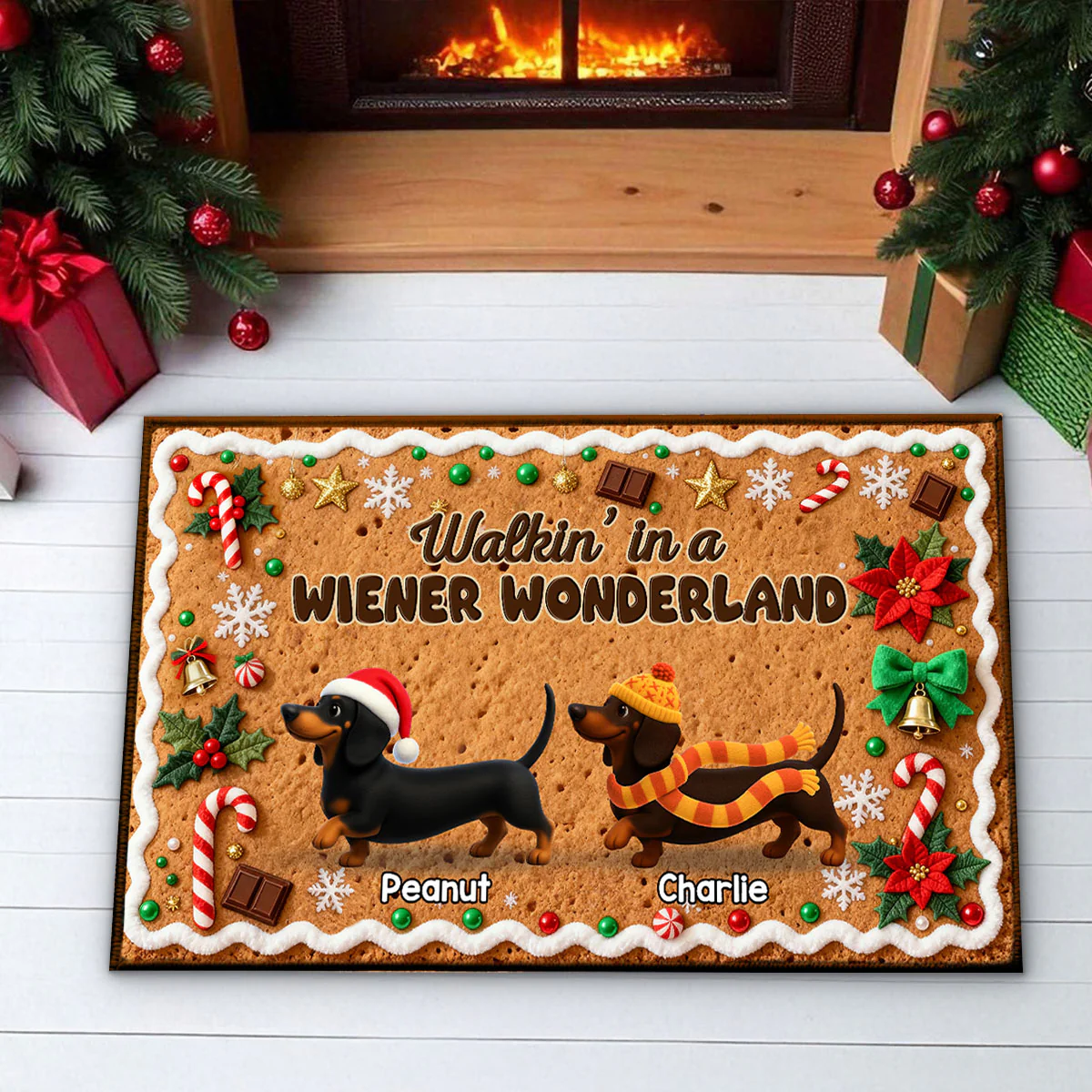 3D Effect Christmas Happy Pawliday Dachshunds Walking Gingerbread Cookie Theme - Personalized Doormat - Image 7