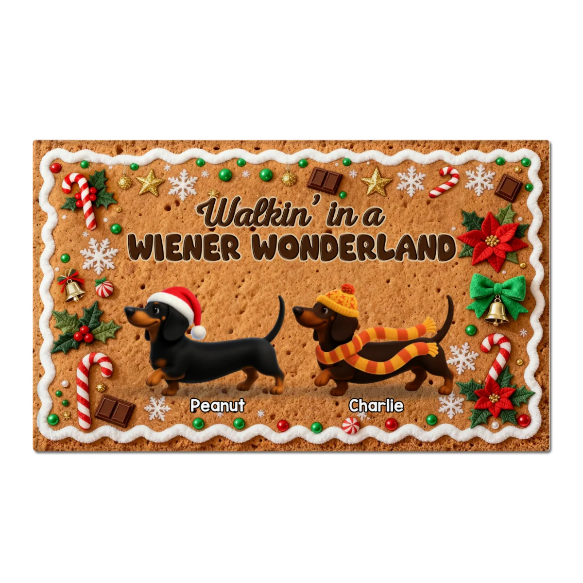 3D Effect Christmas Happy Pawliday Dachshunds Walking Gingerbread Cookie Theme - Personalized Doormat - Image 9