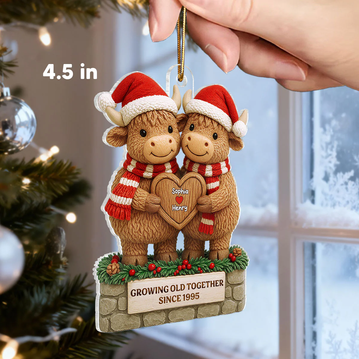 3D Effect Christmas Highland Cows Couple Growing Old Together - Personalized Acrylic Ornament - Gift For Couple - Image 2