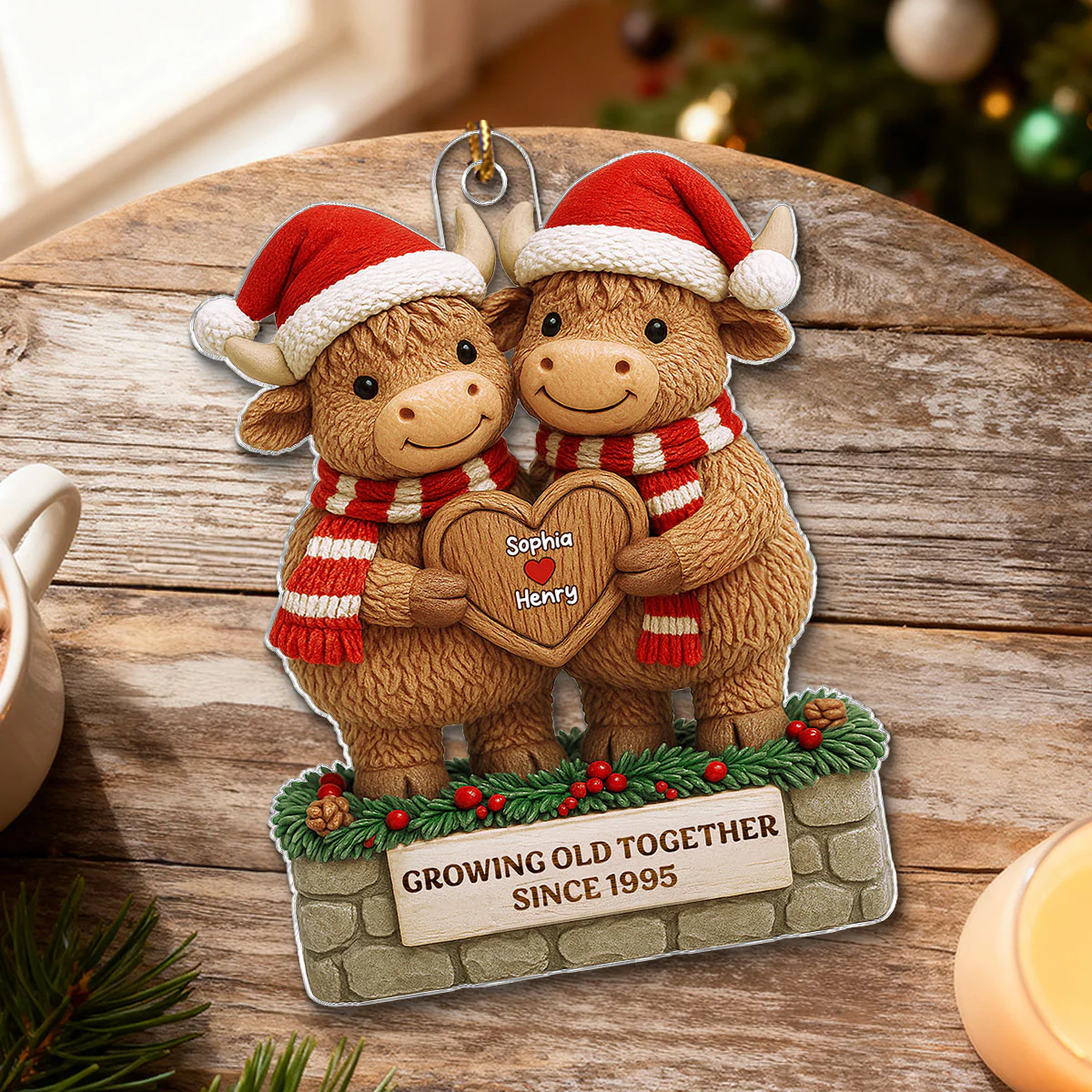 3D Effect Christmas Highland Cows Couple Growing Old Together - Personalized Acrylic Ornament - Gift For Couple - Image 3