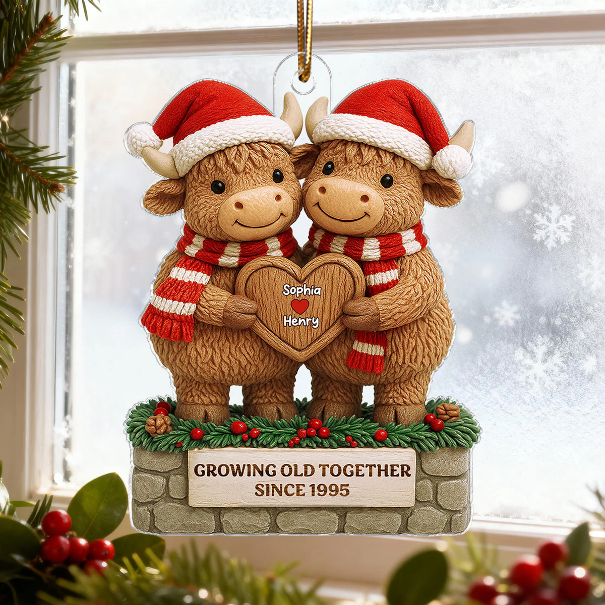 3D Effect Christmas Highland Cows Couple Growing Old Together - Personalized Acrylic Ornament - Gift For Couple - Image 4