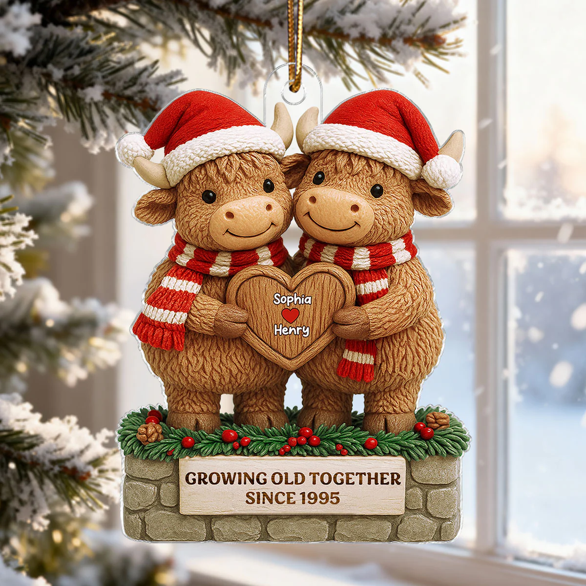 3D Effect Christmas Highland Cows Couple Growing Old Together - Personalized Acrylic Ornament - Gift For Couple - Image 5