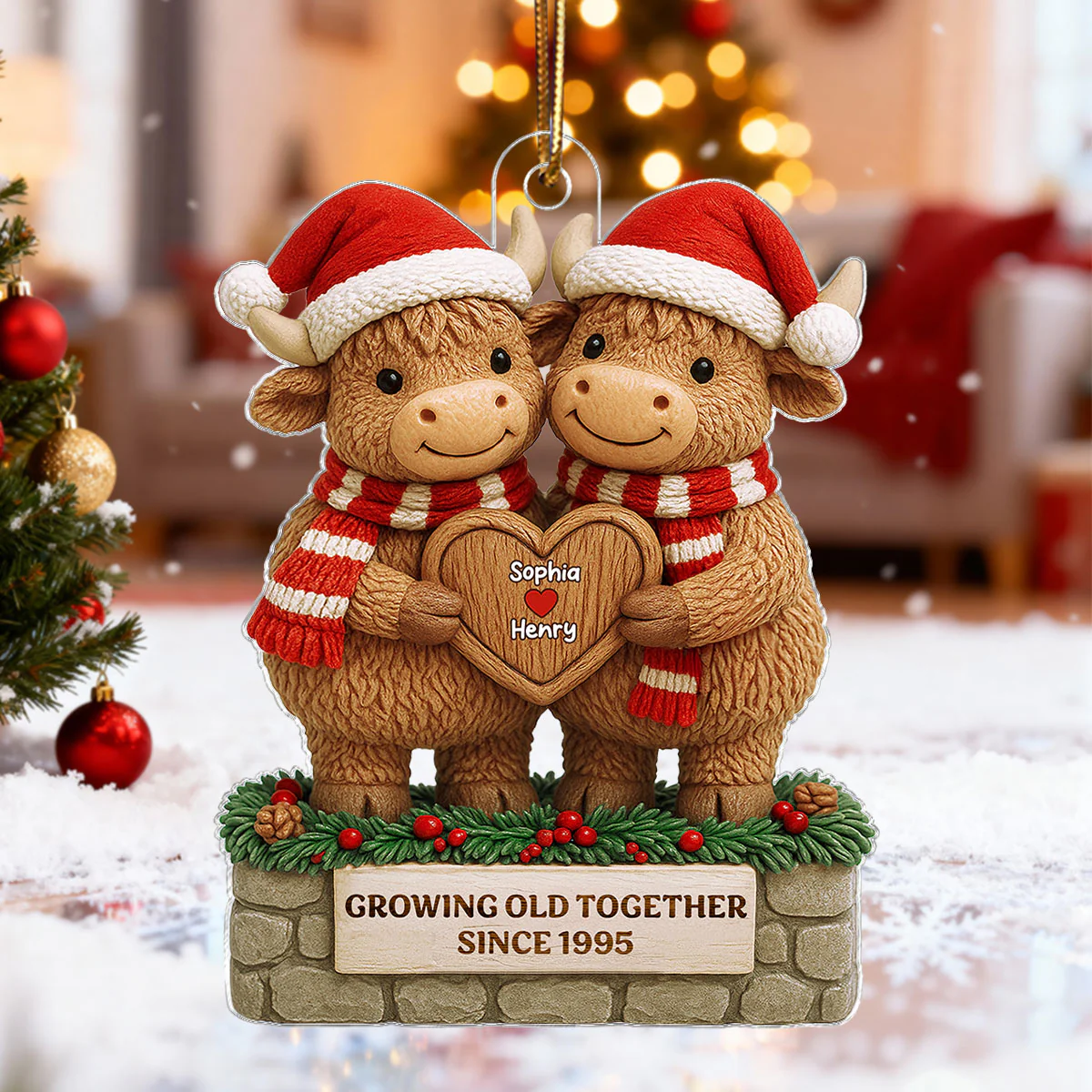 3D Effect Christmas Highland Cows Couple Growing Old Together - Personalized Acrylic Ornament - Gift For Couple - Image 7