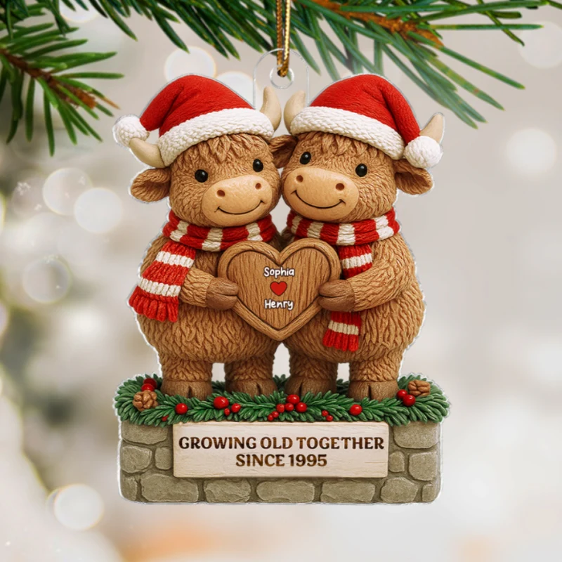 3D Effect Christmas Highland Cows Couple Growing Old Together - Personalized Acrylic Ornament - Gift For Couple - Image 9