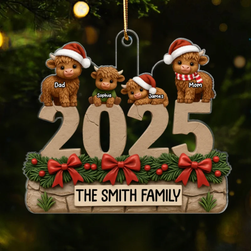 3D Effect Christmas Highland Cows Family Dad Mom Kids - Personalized Acrylic Ornament - Gift For Family - Image 10