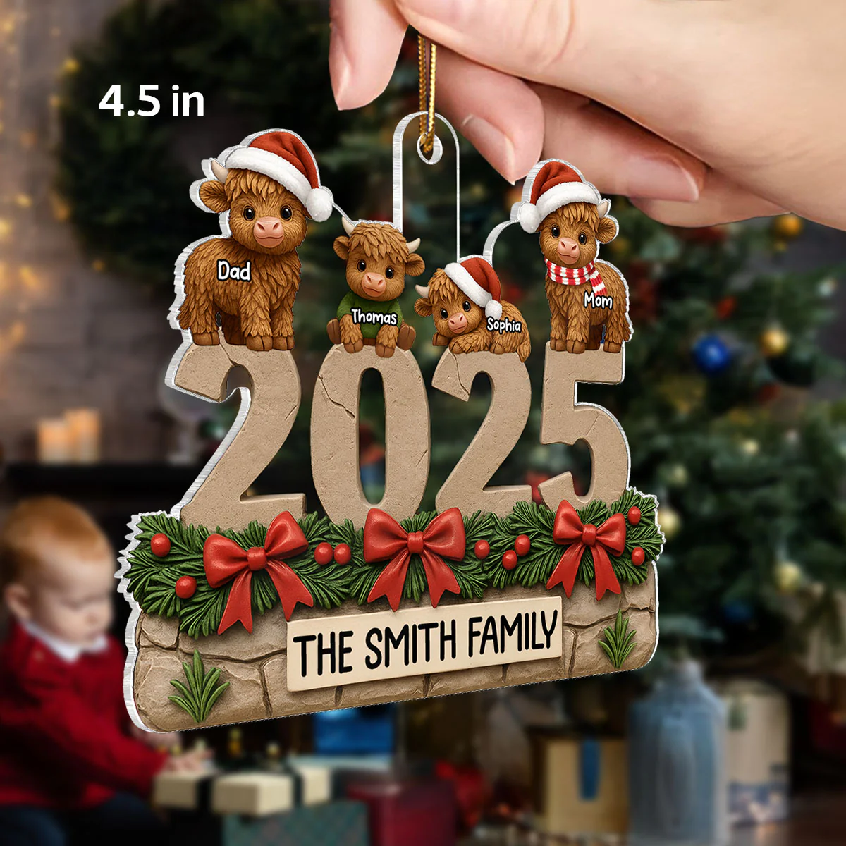 3D Effect Christmas Highland Cows Family Dad Mom Kids - Personalized Acrylic Ornament - Gift For Family - Image 3
