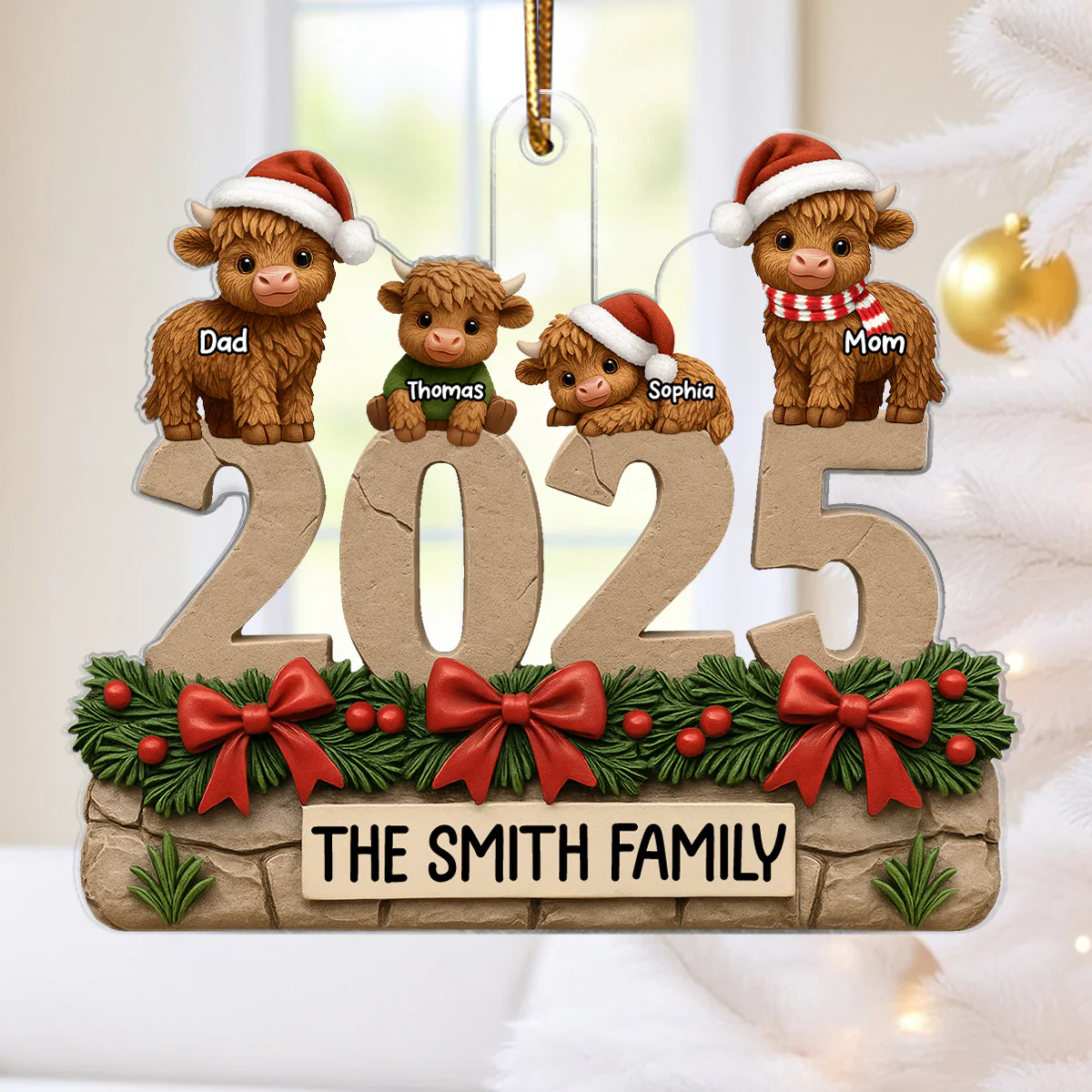 3D Effect Christmas Highland Cows Family Dad Mom Kids - Personalized Acrylic Ornament - Gift For Family - Image 4