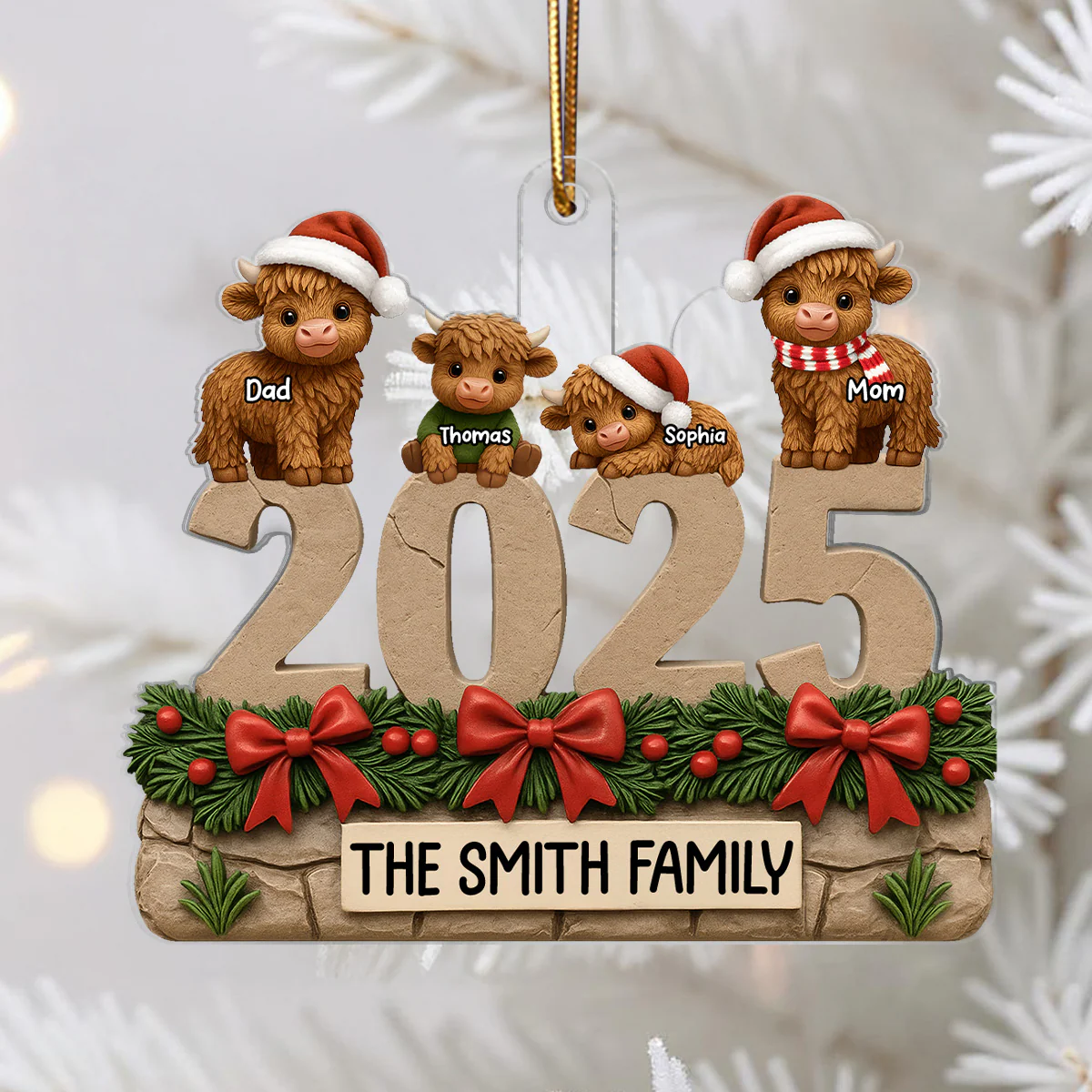 3D Effect Christmas Highland Cows Family Dad Mom Kids - Personalized Acrylic Ornament - Gift For Family - Image 5