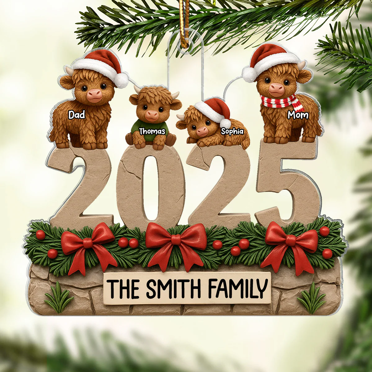 3D Effect Christmas Highland Cows Family Dad Mom Kids - Personalized Acrylic Ornament - Gift For Family - Image 6