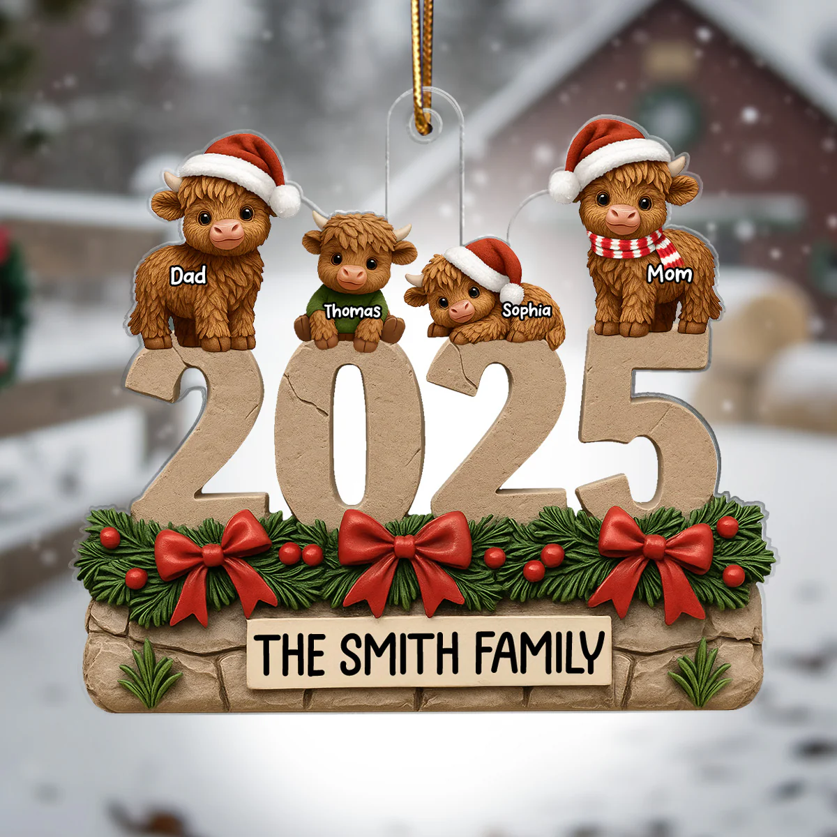 3D Effect Christmas Highland Cows Family Dad Mom Kids - Personalized Acrylic Ornament - Gift For Family - Image 7
