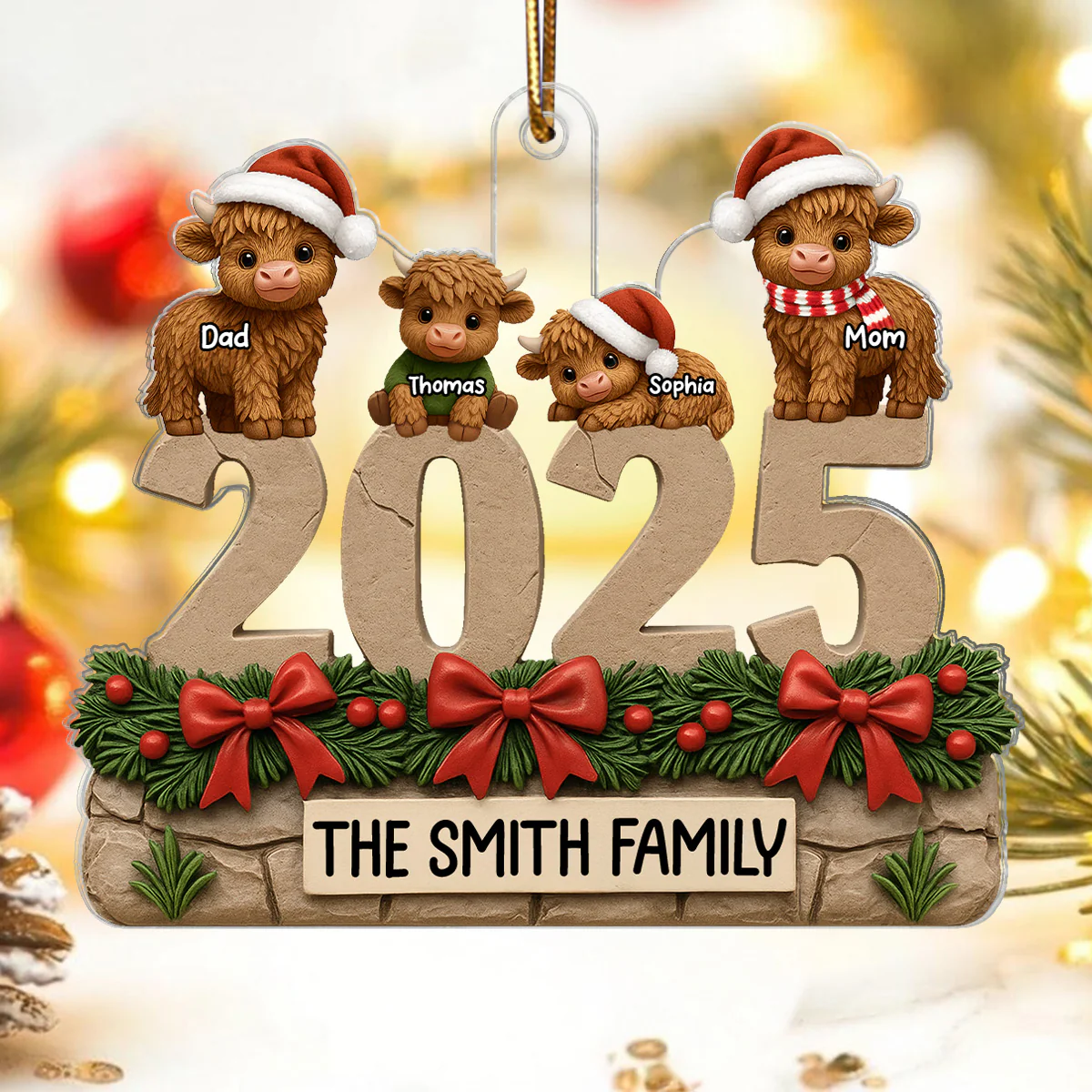 3D Effect Christmas Highland Cows Family Dad Mom Kids - Personalized Acrylic Ornament - Gift For Family - Image 8