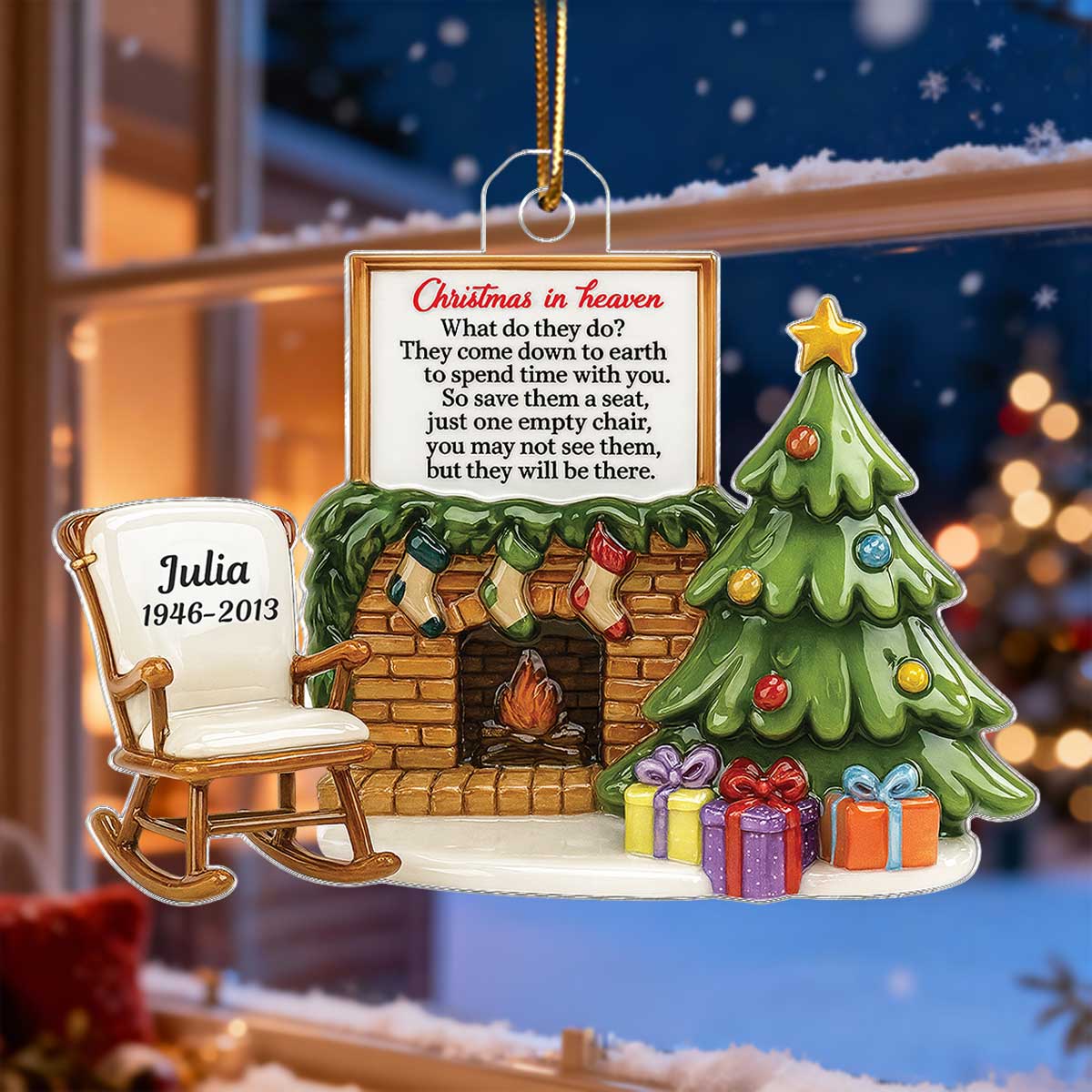 3D Effect Christmas In Heaven Chair At Fireplace - Personalized Acrylic Ornament - Christmas Memorial Keepsake For Family - Image 3