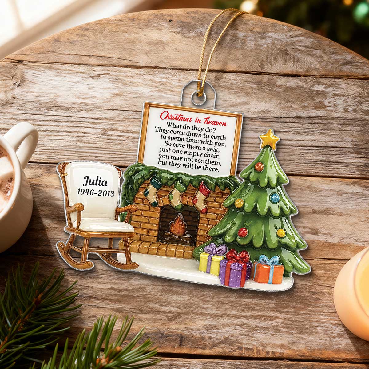 3D Effect Christmas In Heaven Chair At Fireplace - Personalized Acrylic Ornament - Christmas Memorial Keepsake For Family - Image 4
