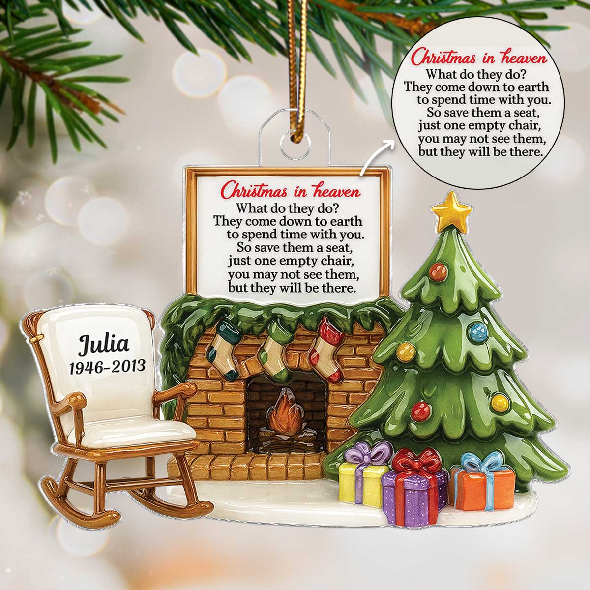 3D Effect Christmas In Heaven Chair At Fireplace - Personalized Acrylic Ornament - Christmas Memorial Keepsake For Family - Image 5