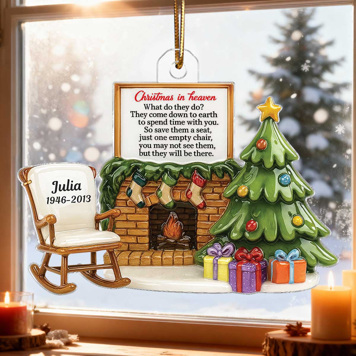3D Effect Christmas In Heaven Chair At Fireplace - Personalized Acrylic Ornament - Christmas Memorial Keepsake For Family - Image 7