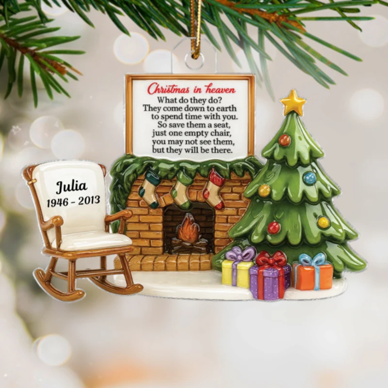 3D Effect Christmas In Heaven Chair At Fireplace - Personalized Acrylic Ornament - Christmas Memorial Keepsake For Family - Image 9