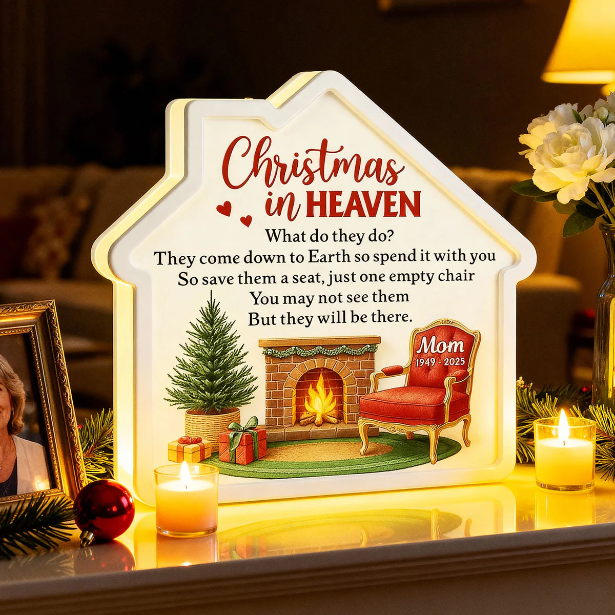3D Effect Christmas In Heaven Family Memorial House Shaped - Personalized Light Box