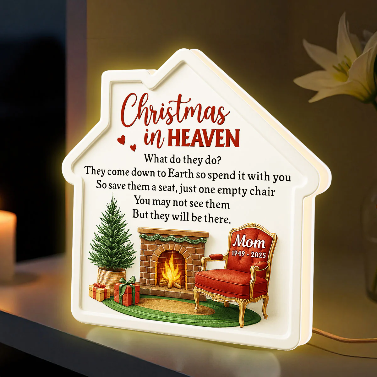 3D Effect Christmas In Heaven Family Memorial House Shaped - Personalized Light Box - Image 3