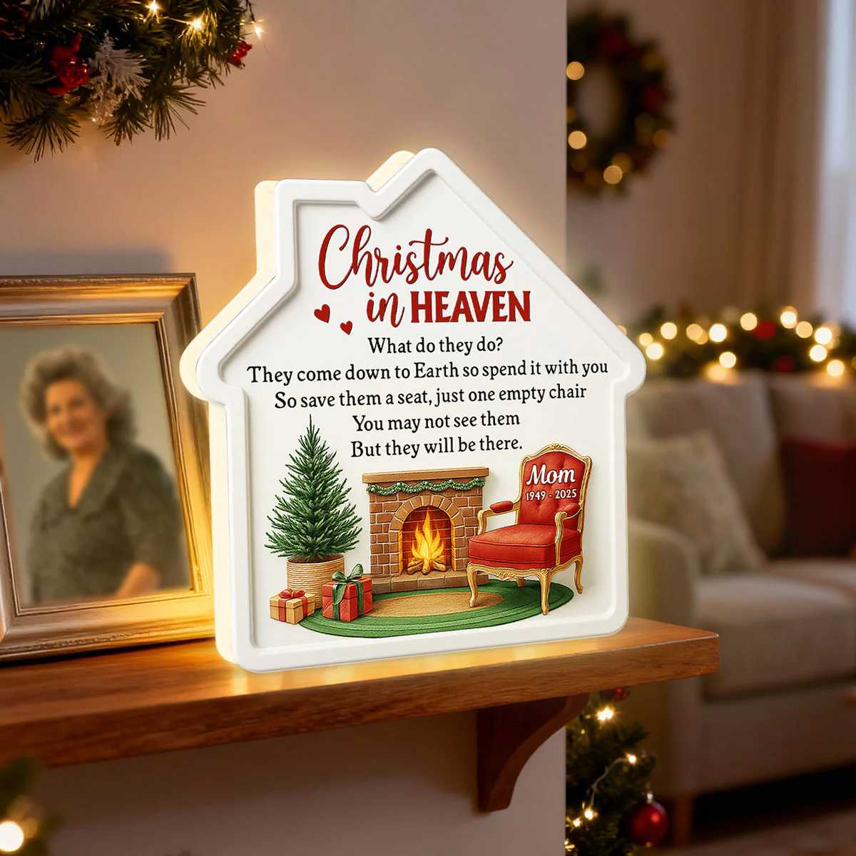 3D Effect Christmas In Heaven Family Memorial House Shaped - Personalized Light Box - Image 5