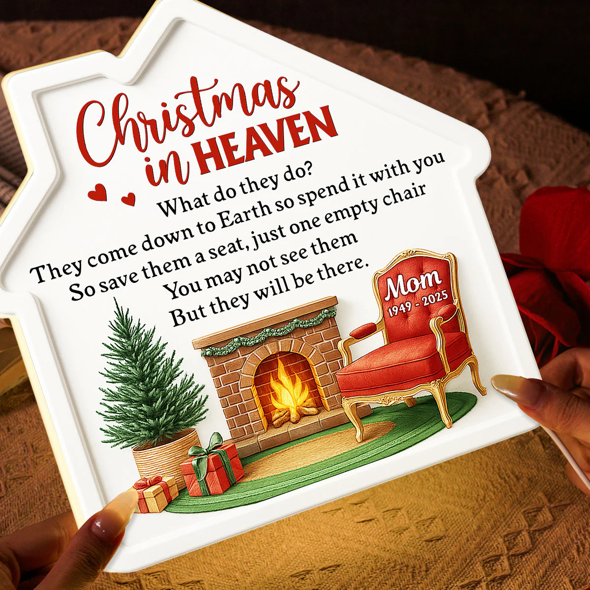 3D Effect Christmas In Heaven Family Memorial House Shaped - Personalized Light Box - Image 6
