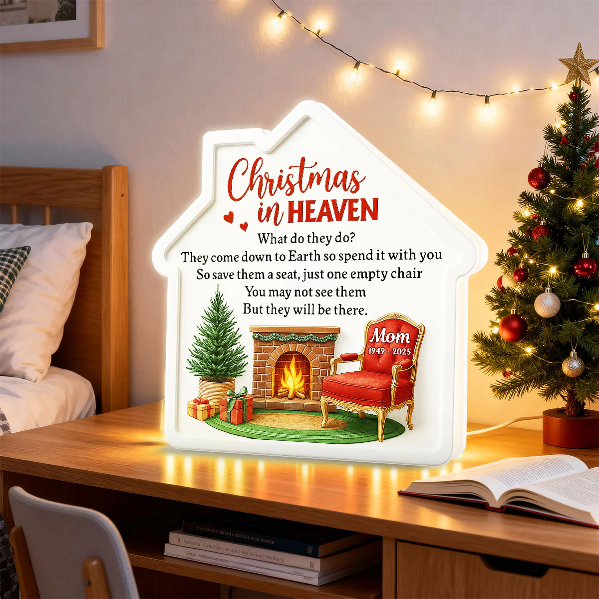 3D Effect Christmas In Heaven Family Memorial House Shaped - Personalized Light Box - Image 7