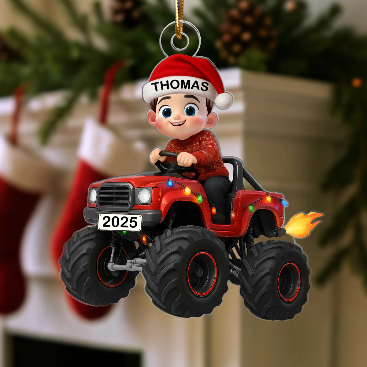 3D Effect Christmas Kid Driving Monster Truck - Personalized Acrylic Ornament - Gift For Kids, Grandkids - Image 5