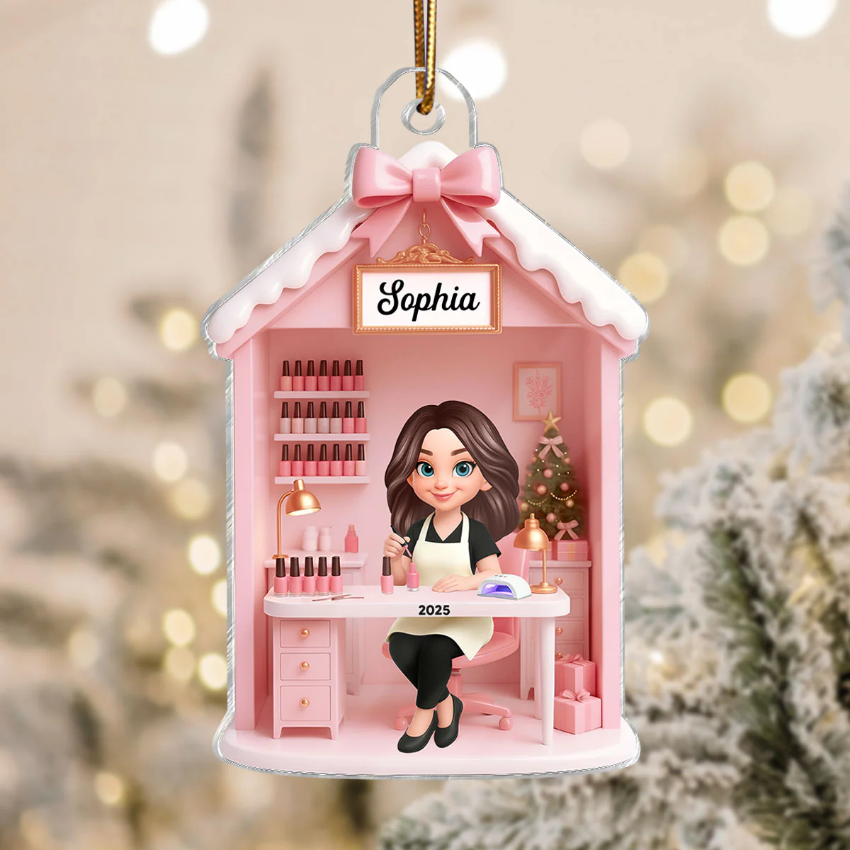 3D Effect Christmas Nail Technician In Salon - Personalized Acrylic Ornament - Gift For Nail Technician, Nails Decor, Beauty Salon, Woman, Girl - Image 5