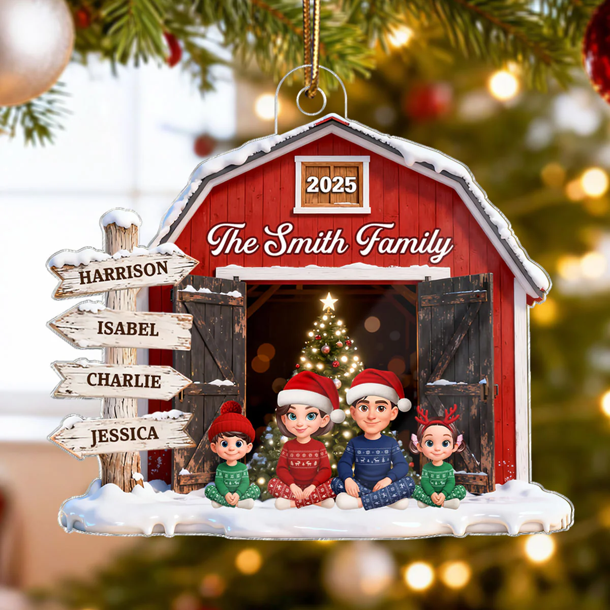 3D Effect Christmas Nostalgia Barn House Family Sign Posts Family Together - Personalized Acrylic Ornament - Gift For Family, Farmhouse Decor - Image 3
