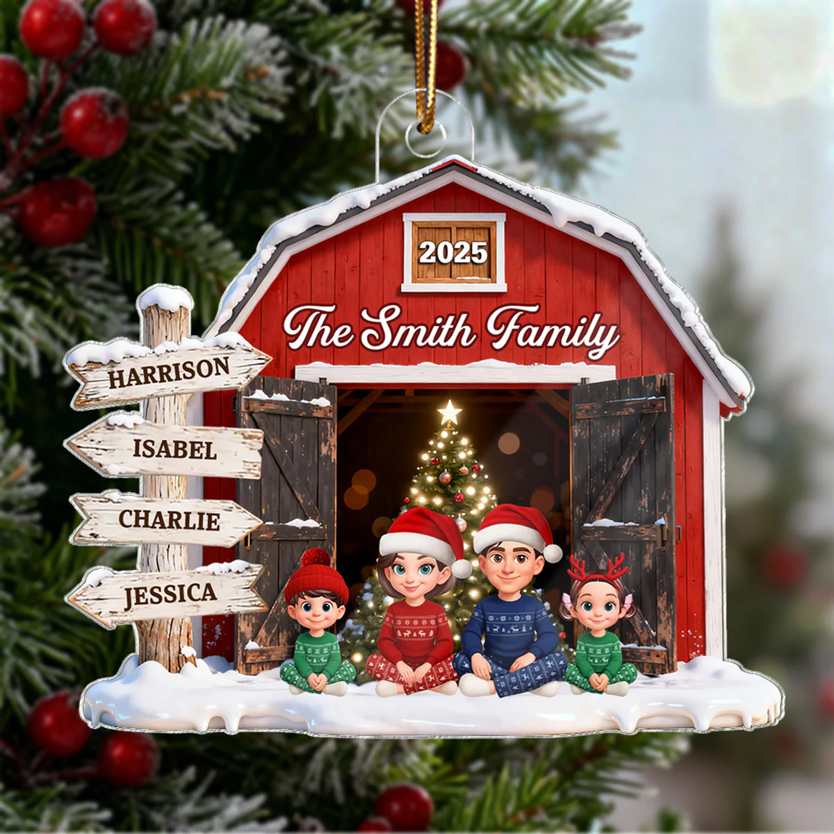 3D Effect Christmas Nostalgia Barn House Family Sign Posts Family Together - Personalized Acrylic Ornament - Gift For Family, Farmhouse Decor - Image 6