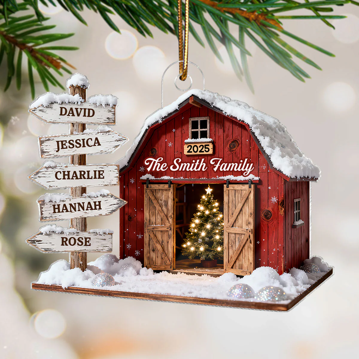 3D Effect Christmas Flat Nostalgia Barn House Family Sign Posts - Personalized Acrylic Ornament - Gift For Family, Farmhouse Decor
