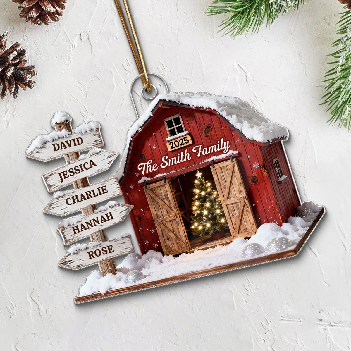 3D Effect Christmas Flat Nostalgia Barn House Family Sign Posts - Personalized Acrylic Ornament - Gift For Family, Farmhouse Decor - Image 3