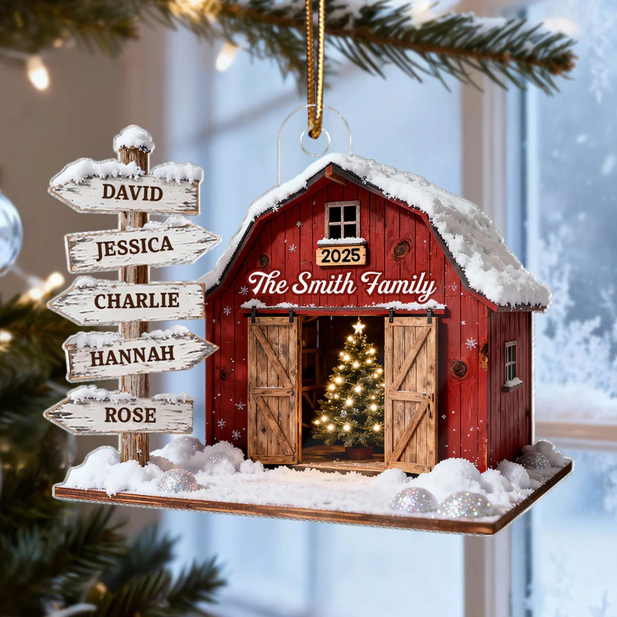 3D Effect Christmas Flat Nostalgia Barn House Family Sign Posts - Personalized Acrylic Ornament - Gift For Family, Farmhouse Decor - Image 4