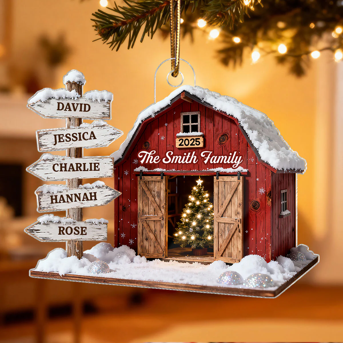 3D Effect Christmas Flat Nostalgia Barn House Family Sign Posts - Personalized Acrylic Ornament - Gift For Family, Farmhouse Decor - Image 6