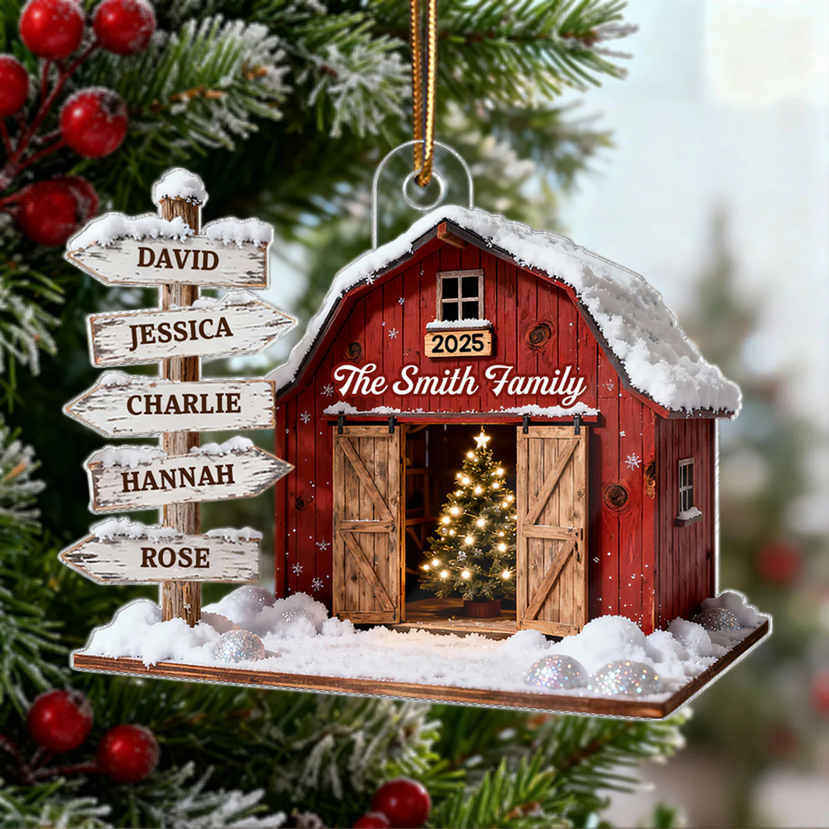 3D Effect Christmas Flat Nostalgia Barn House Family Sign Posts - Personalized Acrylic Ornament - Gift For Family, Farmhouse Decor - Image 7