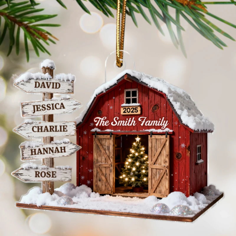 3D Effect Christmas Flat Nostalgia Barn House Family Sign Posts - Personalized Acrylic Ornament - Gift For Family, Farmhouse Decor - Image 9