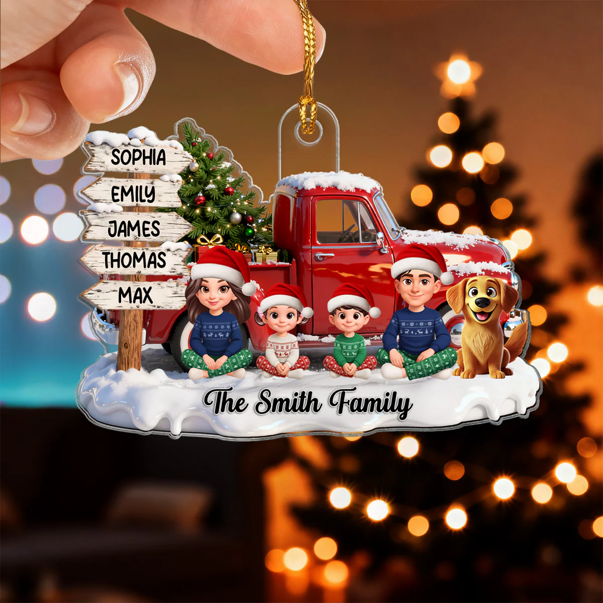 3D Effect Christmas Nostalgia Christmas Truck Sign Posts Beautiful Family Together - Personalized Acrylic Ornament - Gift For Family - Image 3