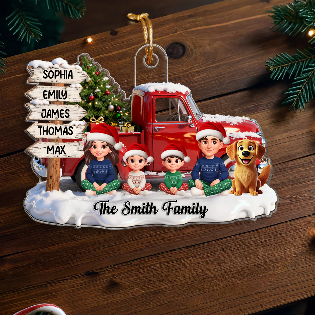 3D Effect Christmas Nostalgia Christmas Truck Sign Posts Beautiful Family Together - Personalized Acrylic Ornament - Gift For Family - Image 4