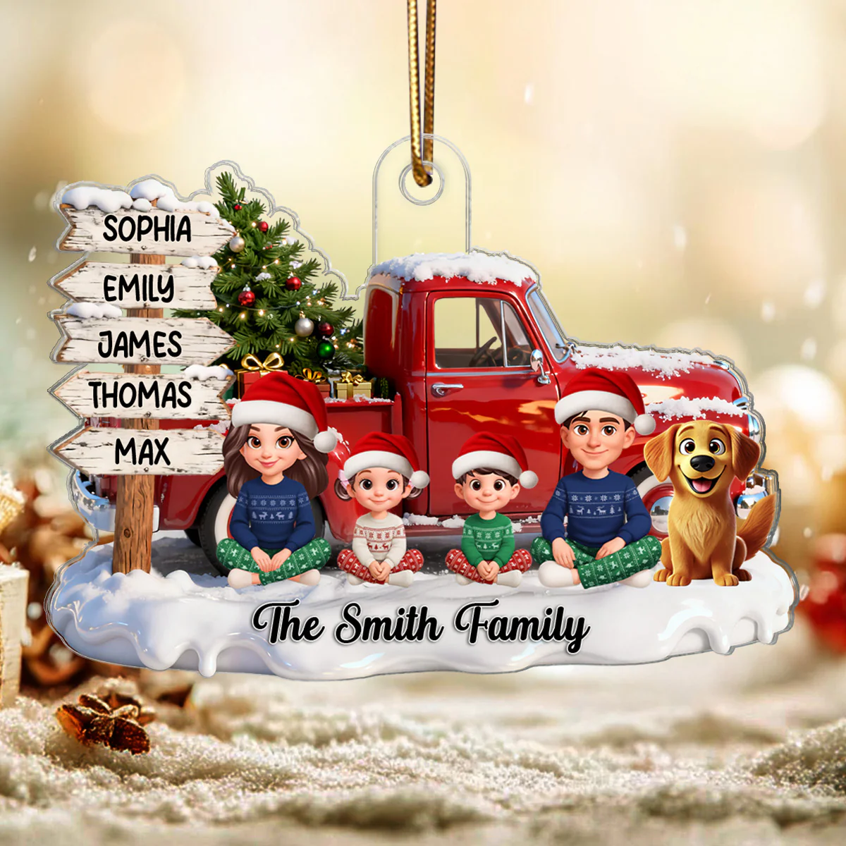 3D Effect Christmas Nostalgia Christmas Truck Sign Posts Beautiful Family Together - Personalized Acrylic Ornament - Gift For Family - Image 5