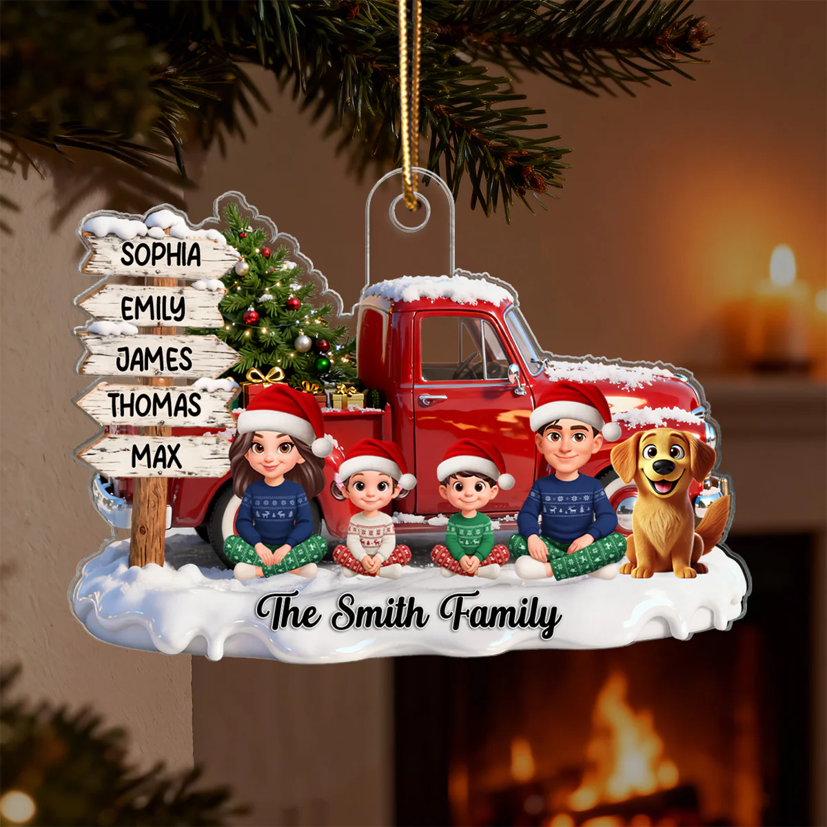 3D Effect Christmas Nostalgia Christmas Truck Sign Posts Beautiful Family Together - Personalized Acrylic Ornament - Gift For Family - Image 7