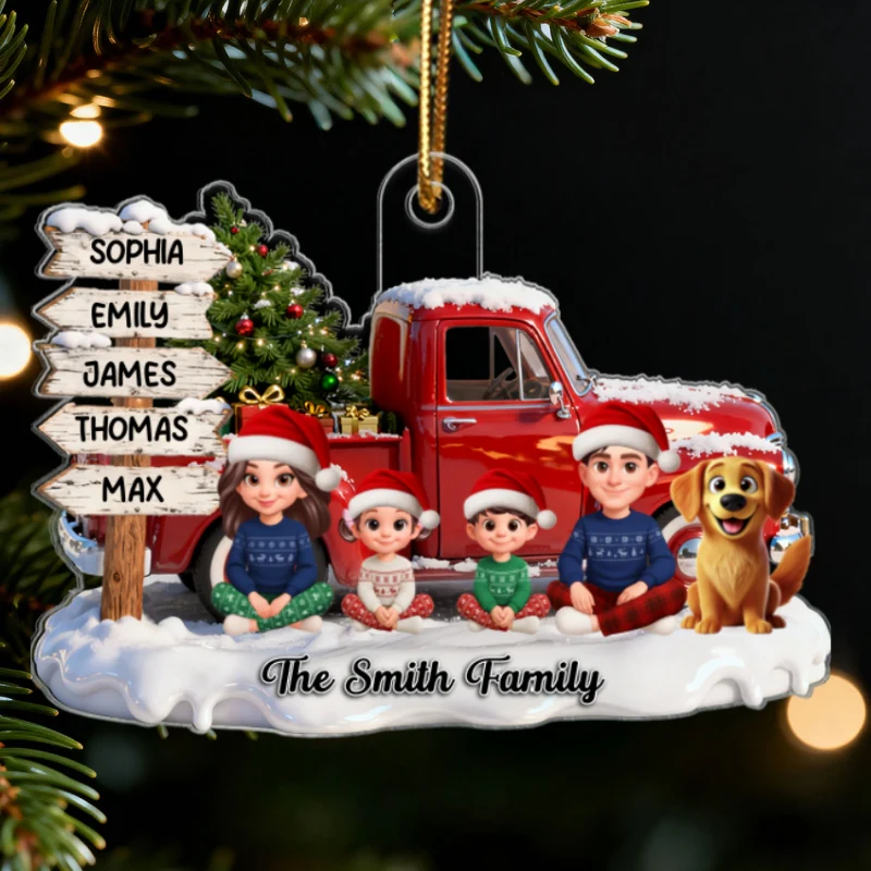 3D Effect Christmas Nostalgia Christmas Truck Sign Posts Beautiful Family Together - Personalized Acrylic Ornament - Gift For Family - Image 9