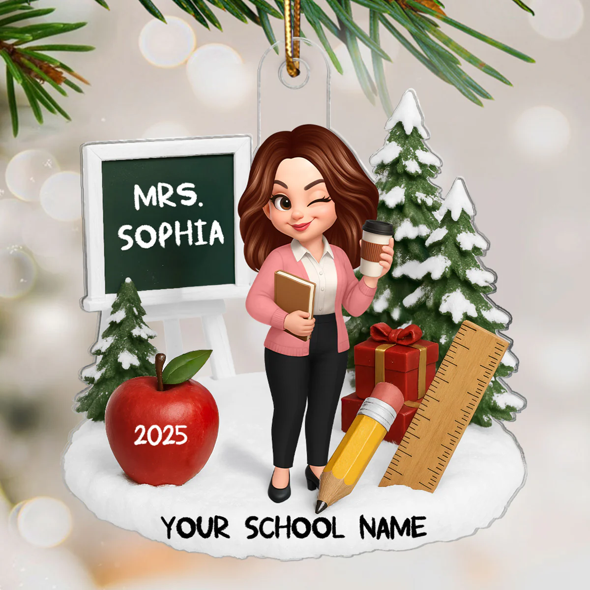 3D Effect Christmas Teacher Things - Personalized Acrylic Ornament - Gift For Teachers, Colleagues - Image 3