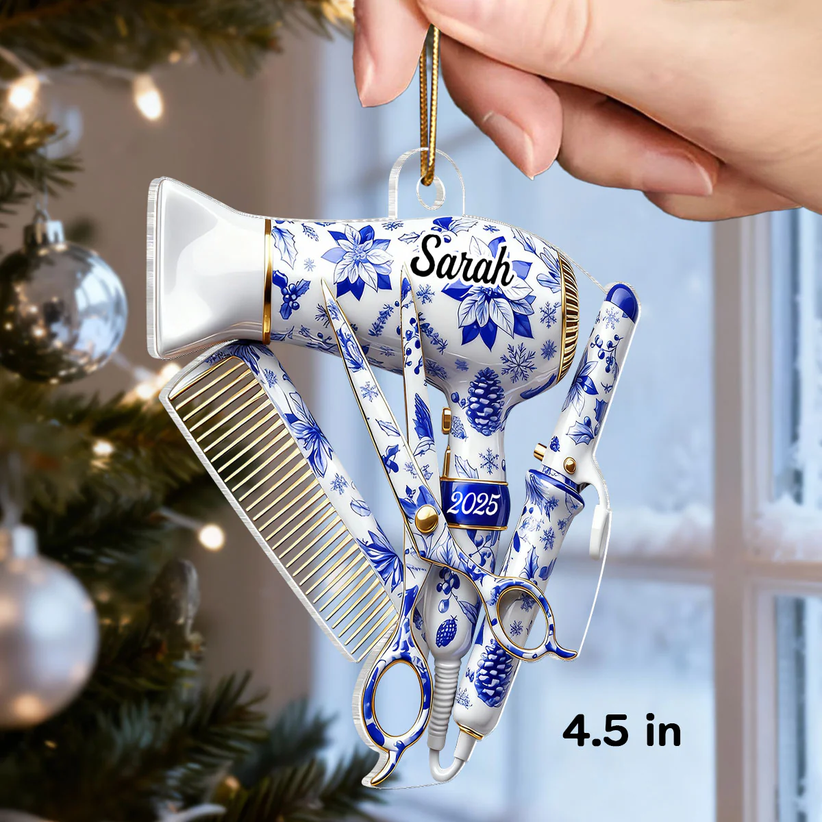 3D Effect Christmas Toile De Jouy Pattern Hairdresser Things - Personalized Acrylic Ornament - Gift For Hairdressers - Image 2