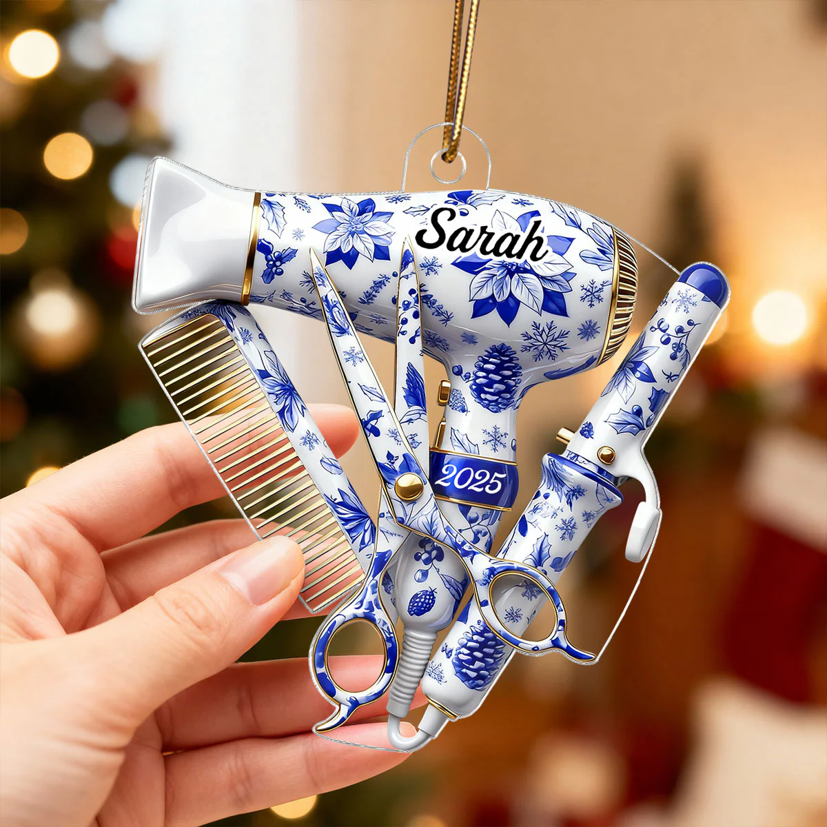 3D Effect Christmas Toile De Jouy Pattern Hairdresser Things - Personalized Acrylic Ornament - Gift For Hairdressers - Image 3