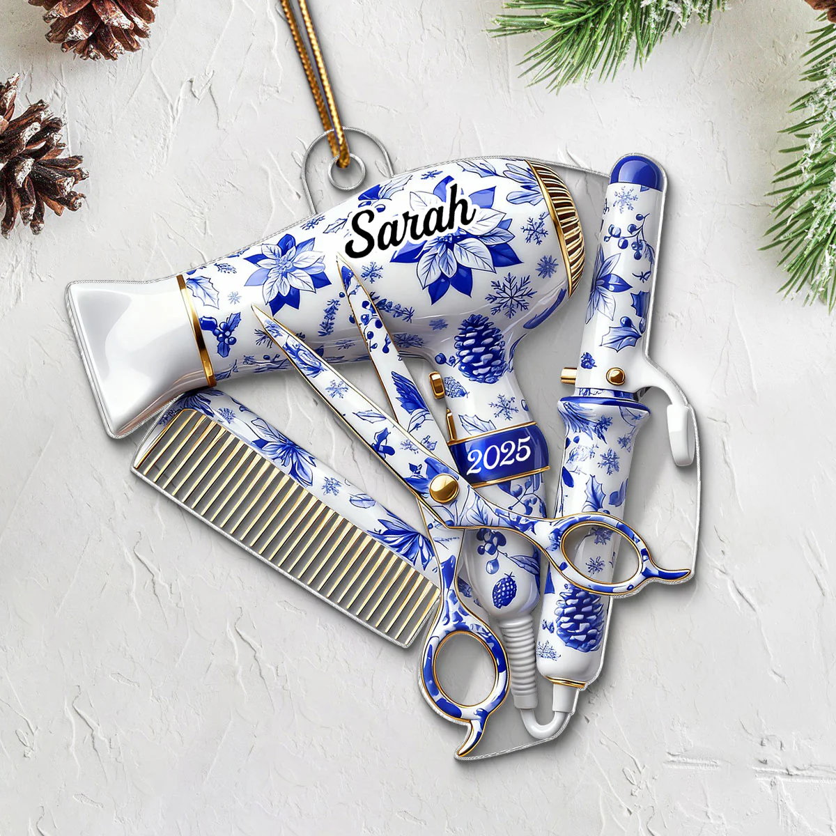 3D Effect Christmas Toile De Jouy Pattern Hairdresser Things - Personalized Acrylic Ornament - Gift For Hairdressers - Image 4