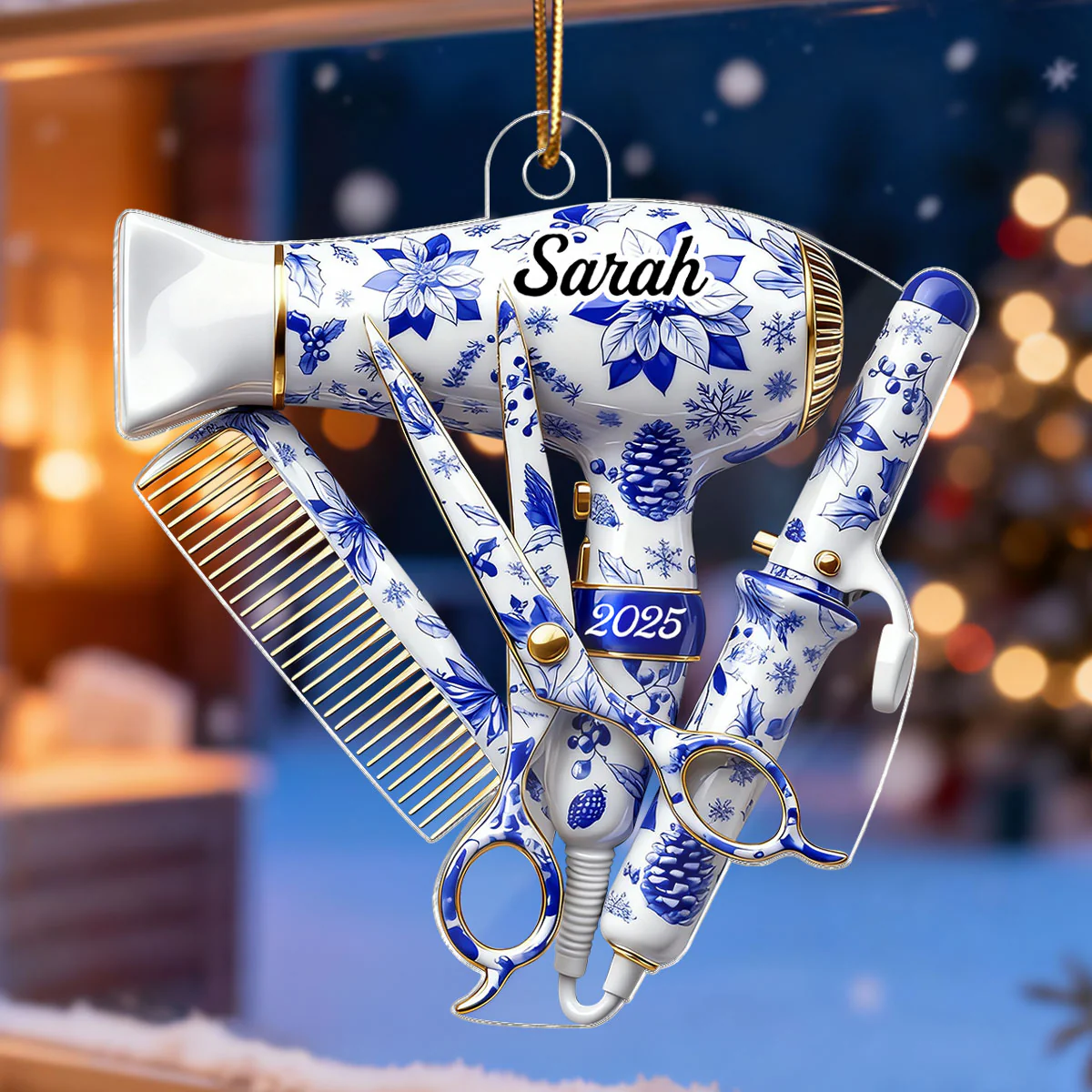 3D Effect Christmas Toile De Jouy Pattern Hairdresser Things - Personalized Acrylic Ornament - Gift For Hairdressers - Image 7