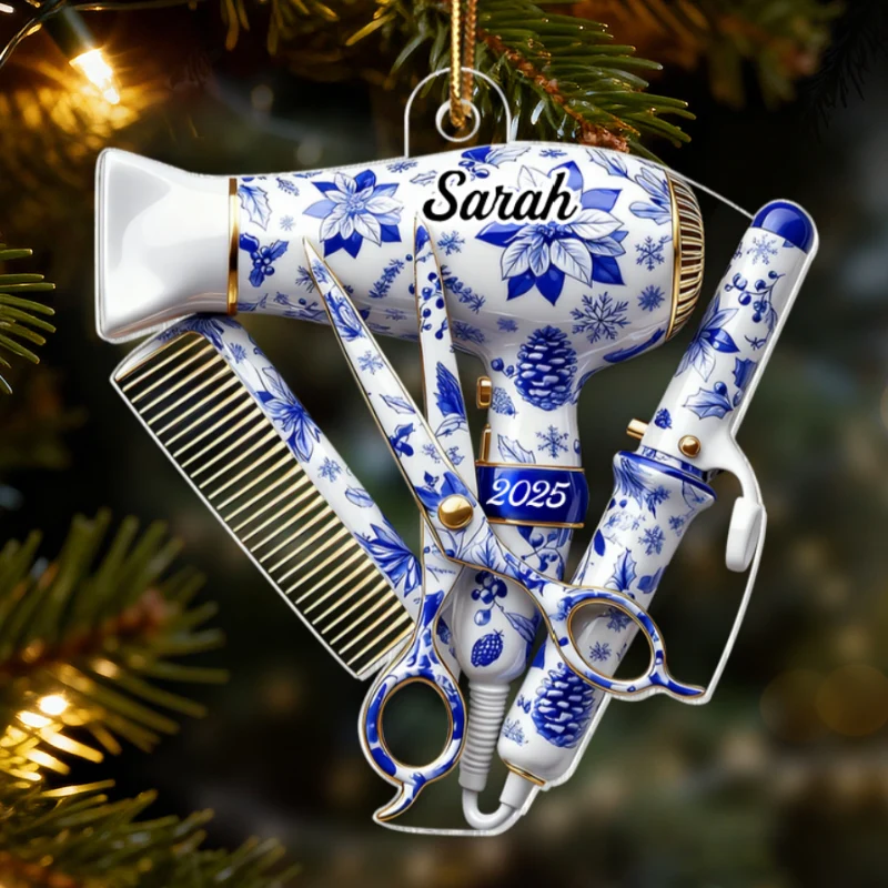 3D Effect Christmas Toile De Jouy Pattern Hairdresser Things - Personalized Acrylic Ornament - Gift For Hairdressers - Image 9