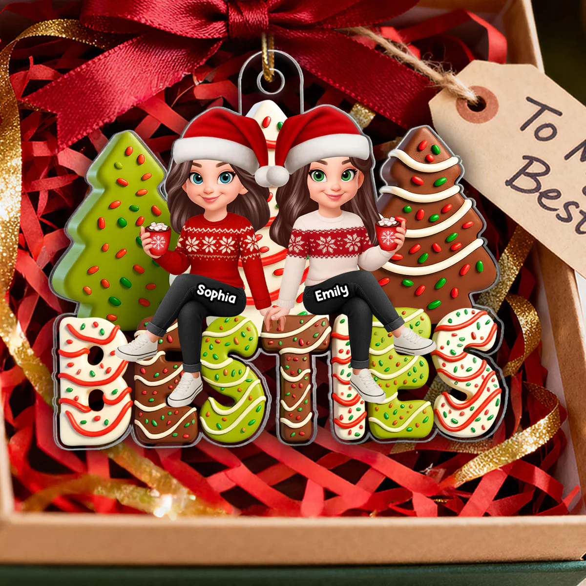 3D Effect Christmas Tree Cake Besties - Personalized Acrylic Ornament - Gift For Best Friends - Image 5
