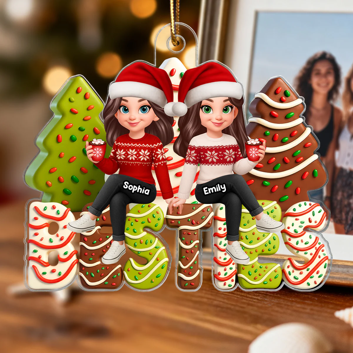 3D Effect Christmas Tree Cake Besties - Personalized Acrylic Ornament - Gift For Best Friends - Image 6