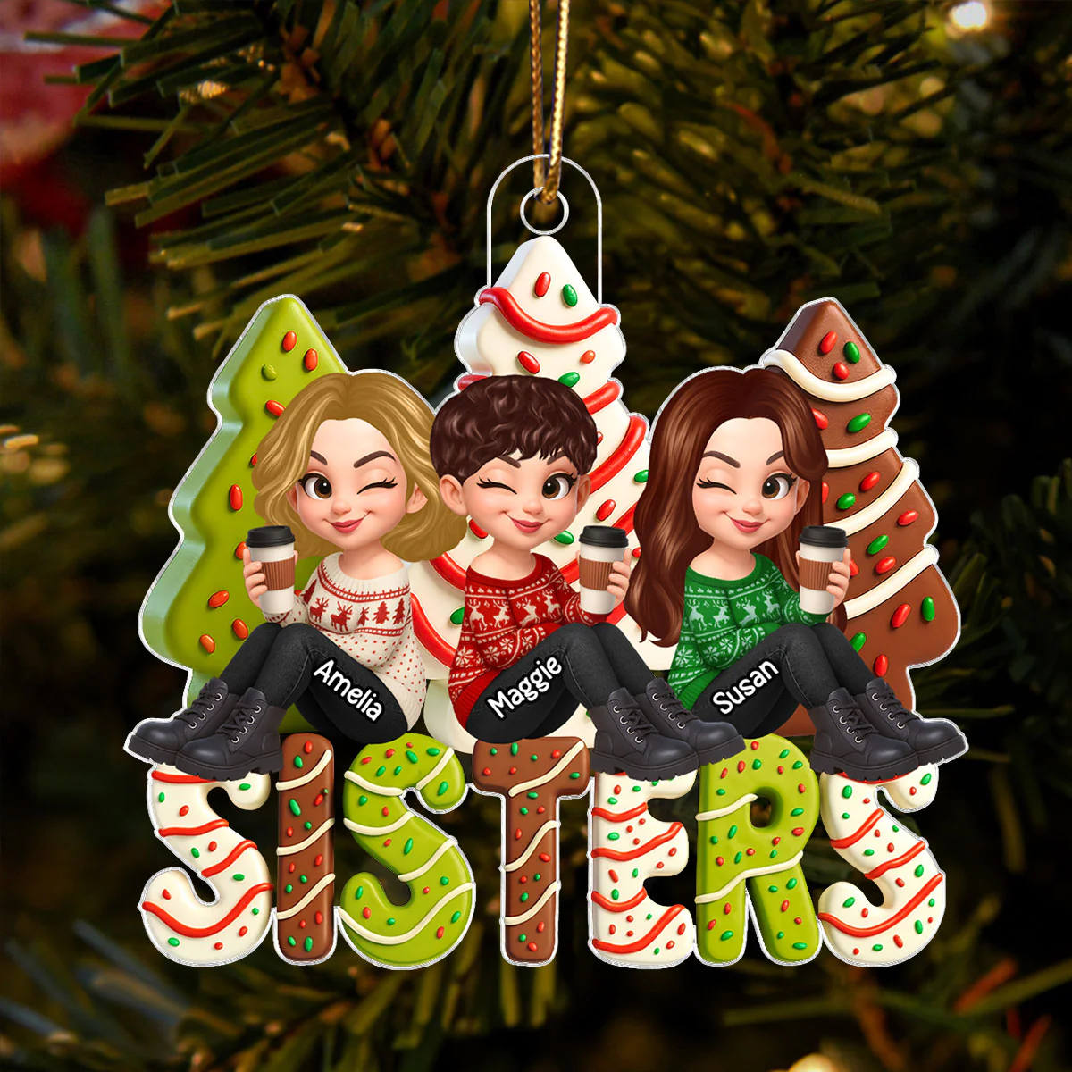 3D Effect Christmas Tree Cake Besties Sisters Personalized Acrylic Ornament, Christmas gift for Besties Sisters - Image 4